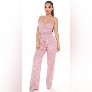 NEW FASHION NOVA Can't Hide The Shine Sequin PINK Jumpsuit SZ L
